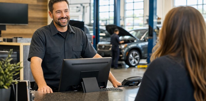 Automotive service advisor at a clean repair shop counter