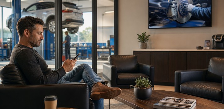 Customer in an auto shop waiting area with digital signage visible in the background
