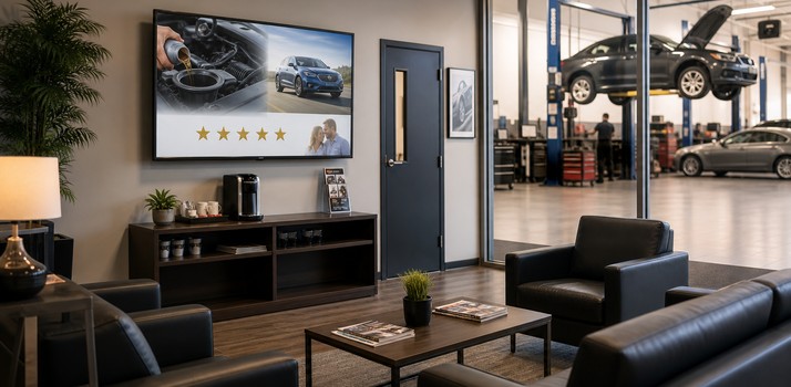 Automotive service waiting lounge with a wall-mounted TV showing maintenance tips and customer reviews