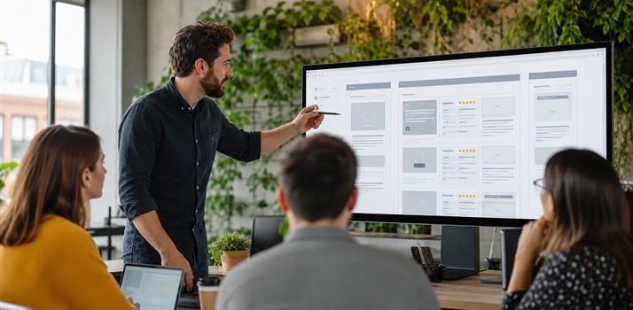 Team reviewing a website design with customer feedback elements on a large monitor