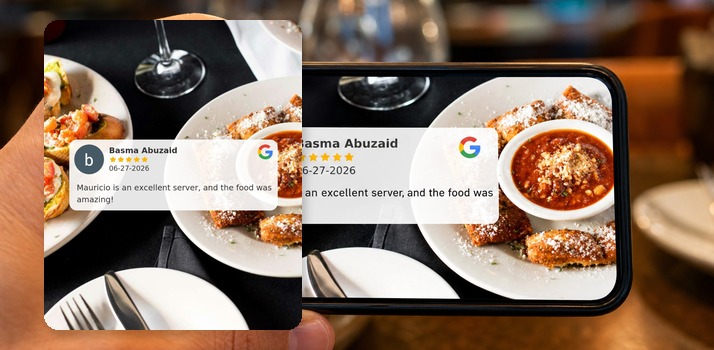 Phone in a restaurant setting displaying a Share Reviews graphic with a Google review on appetizer photos