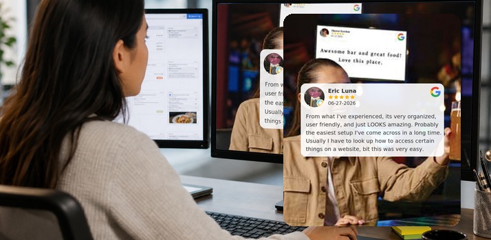 Desk monitor displaying a Share Reviews graphic with a Google review on a bar photo