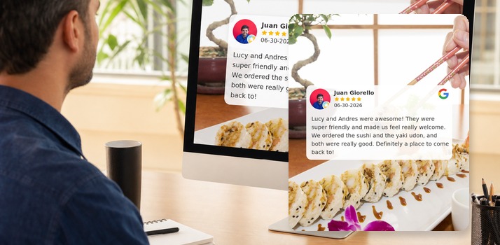 Marketer at a computer with a Share Reviews graphic showing a Google review on a sushi restaurant photo