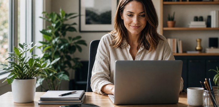 Professional working at a laptop preparing customer follow-up including a review invitation