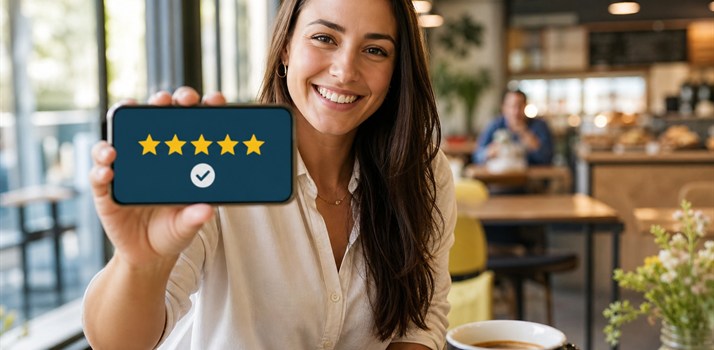 Customer on a smartphone tapping a five-star review after a great experience
