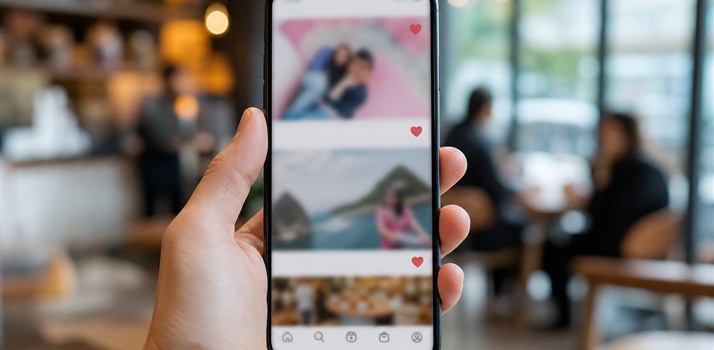Person viewing a colorful social media feed on a smartphone